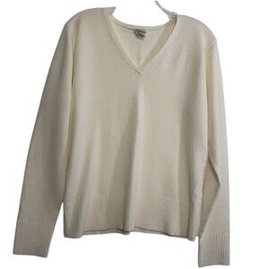 Women's V-Neck Large Cream Sweater with Decorative Buttons at Wrist